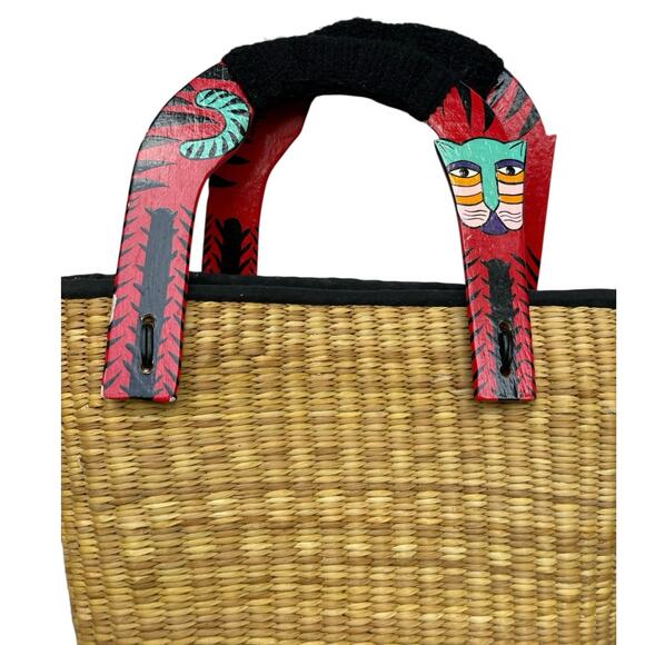 Wooden Handle Straw Basket Bag Purse Tote Hand Painted Cats - Picture 2 of 9